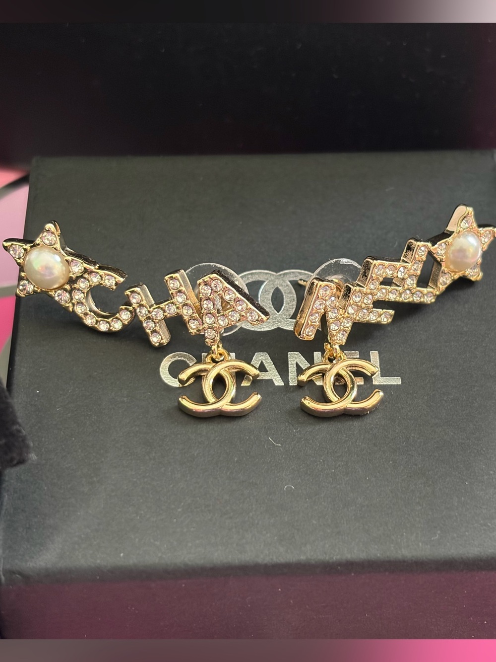 Chanel Gold-Tone Crystal CC Drop Earrings - Gold - Picture 6 of 11